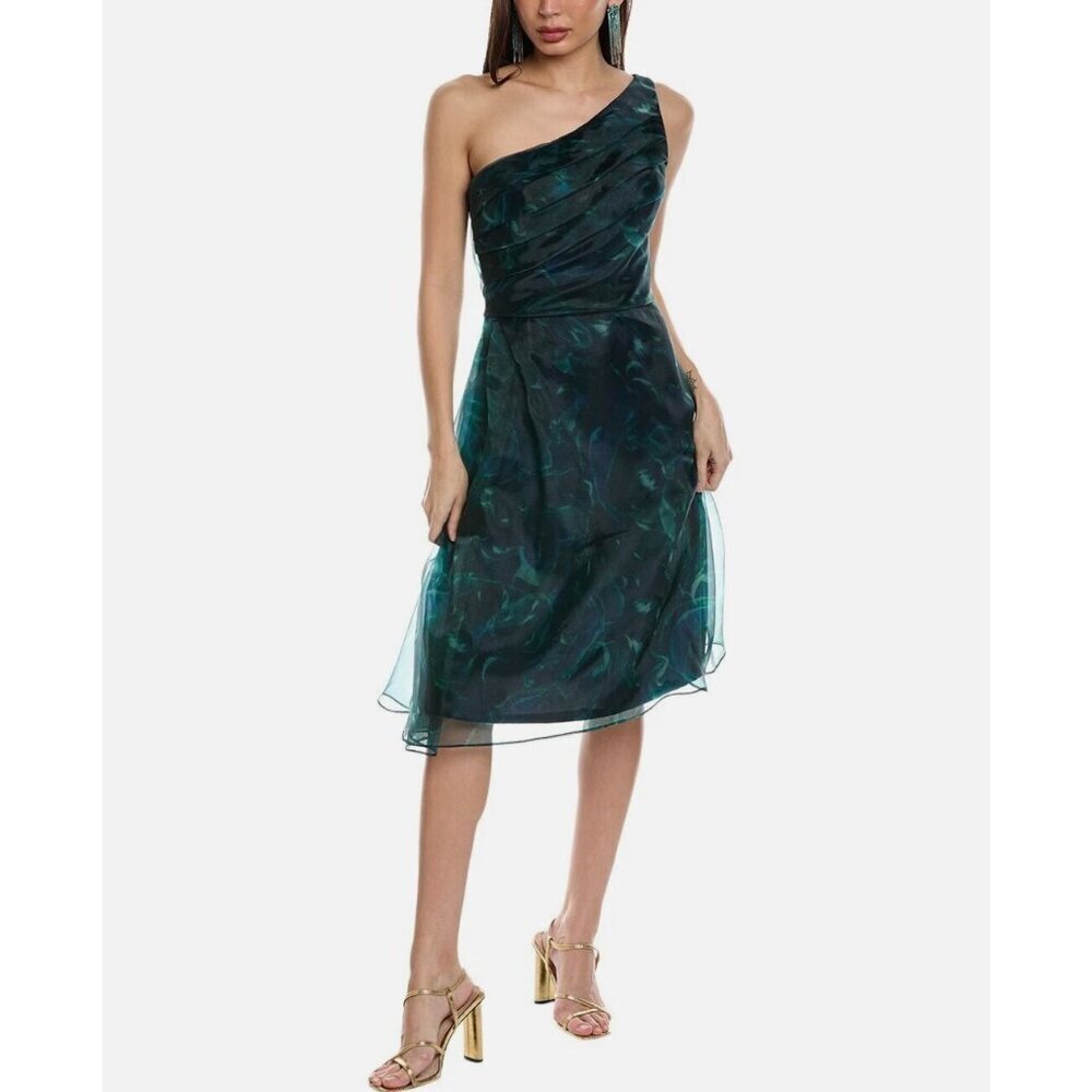 Rene Ruiz NWT One-Shoulder Hand Draped Organza Cocktail Dress Green Size 2